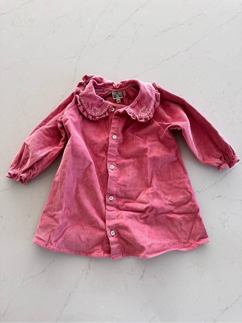 Bonton Pink Corduroy Button-Front Dress with Embroidered Collar
